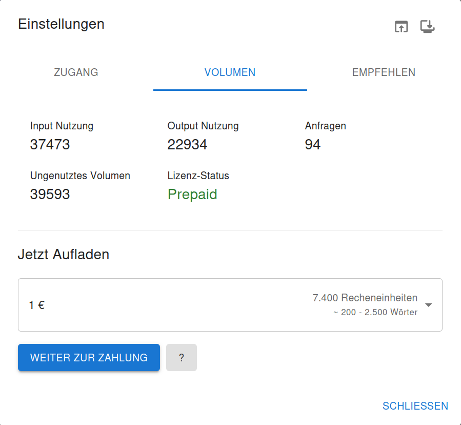Volumen-Tab in den Einstellungen